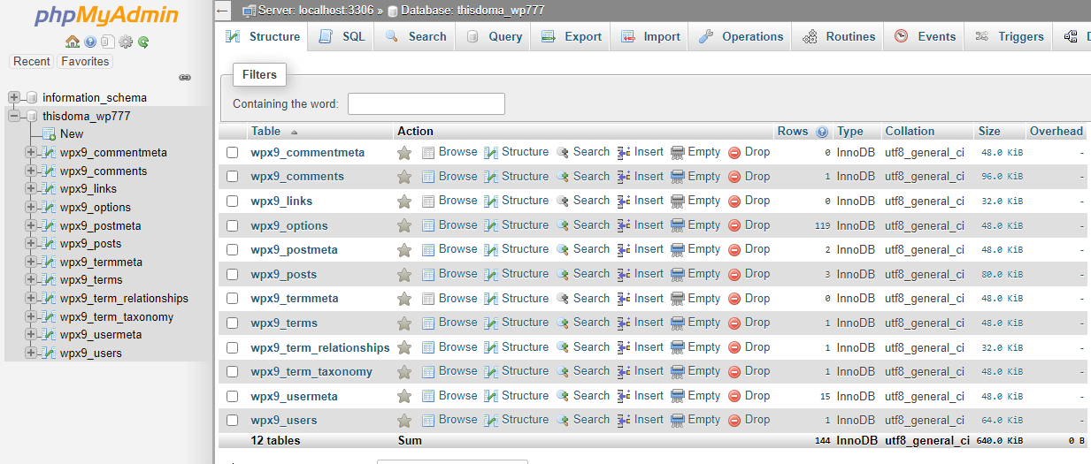 phpMyAdmin dashboard